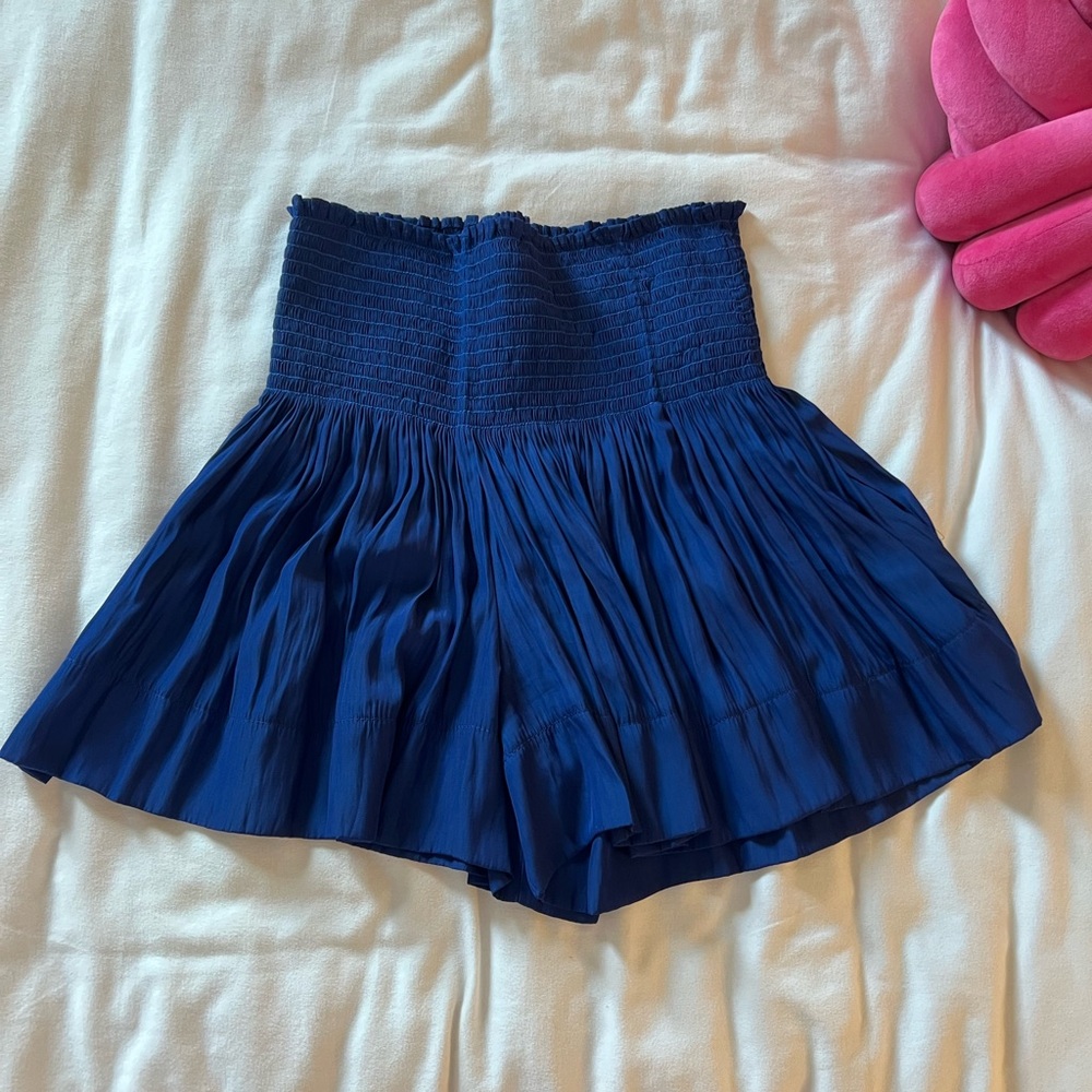 Navy Blue Pleated High-Waist Shorts